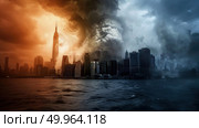 A densely populated urban area with numerous buildings, billowing out copious amounts of thick smoke into the atmosphere. Стоковое AI-изображение, AI-художник Данила Большаков / Фотобанк Лори
