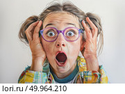 A female wearing glasses displaying a surprised facial expression. Стоковое AI-изображение, AI-художник Данила Большаков / Фотобанк Лори