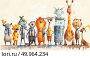 A collection of various animals, including lions, zebras, and elephants, standing side by side in a group. Стоковое AI-изображение, AI-художник Данила Большаков / Фотобанк Лори