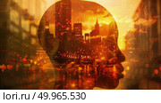 A double exposure featuring a persons head superimposed over a city skyline in the background. Стоковое AI-изображение, AI-художник Данила Большаков / Фотобанк Лори
