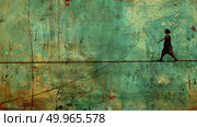 A painting of a person courageously walking along a thin wire suspended high above the ground. Стоковое AI-изображение, AI-художник Данила Большаков / Фотобанк Лори