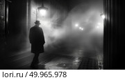 A man wearing a coat and hat stands in a foggy hallway, surrounded by dim lighting and obscured visibility. Стоковое AI-изображение, AI-художник Данила Большаков / Фотобанк Лори