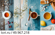 Three various types of tea and assortments of fresh fruits displayed on a wooden table in close-up shots. Стоковое AI-изображение, AI-художник Данила Большаков / Фотобанк Лори