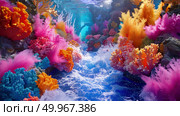 An underwater scene featuring vibrant colors with a steady stream of water flowing through the environment. Стоковое AI-изображение, AI-художник Данила Большаков / Фотобанк Лори