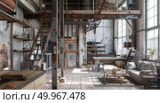 A spacious loft featuring an eclectic mix of rustic wood textures, industrial elements, and comfortable furnishings under natural lighting. Стоковое AI-изображение, AI-художник Данила Большаков / Фотобанк Лори
