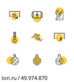 sports , games , atheletes , balls , fitness , football , fifa , russia , cricket , ball , bat , wicket, gym ,  tennis , running, race , hurdles , shoes , flag , icon, vector, design,  flat,  collection, style, creative,  icons. Стоковая иллюстрация, агентство Ingram Publishing / Фотобанк Лори
