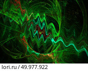 Abstract wavy background. Green and red waves and swirling lines on a black background.  3D rendering. 3D illustration. Стоковая иллюстрация, иллюстратор Бузмакова Светлана / Фотобанк Лори