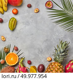 Various juicy exotic fruits, coconut, lychee, carom, pineapple and palm leaves on a gray concrete background with space for text. Food layout. Flat lay. Bright composition of different exotic fruits and palm green leaves on a gray concrete background with copy space. Food background. Flat lay. Стоковое фото, агентство Ingram Publishing / Фотобанк Лори