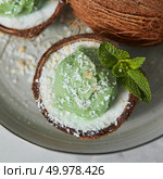 Homemade green ice cream in a coconut shell, mint leaf on a gray ceramic plate on a light gray. Top view. Vegetarian concept of diet eating. Close-up view a half of coconut with green mint ice cream with sprig of mint and coconut chips. Стоковое фото, агентство Ingram Publishing / Фотобанк Лори