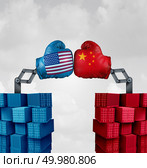Trade war US China or American tariffs fight as two opposing cargo groups fighting as an economic  punitive taxation dispute over import and exports concept as a 3D illustration elements. Стоковое фото, агентство Ingram Publishing / Фотобанк Лори