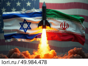 Israel Iran conflict. Cruise missile launch with national flags of Israel, Iran and US flag in the background. AI generative. Стоковое AI-изображение, AI-художник Роман Дзюбало / Фотобанк Лори