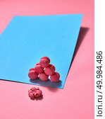 Pink bright macaroons are presented in the form of a triangular pyramid on blue cardboard and one crushed macaroon on a pink paper background with reflection of shadows. Creative composition. Original composition of colorful macaroons on a blue pink paper background. Стоковое фото, агентство Ingram Publishing / Фотобанк Лори