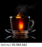 glass cup with tea and saucer isolated on black background close-up. Glass cup of tea isolated on black. Стоковое фото, агентство Ingram Publishing / Фотобанк Лори