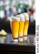 three glasses of light beer with foam served on wooden desk. Bar on background. cold light beer mug in a pub. Стоковое фото, агентство Ingram Publishing / Фотобанк Лори