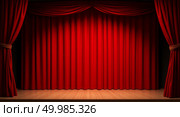 Classic theater stage with vibrant red curtain elegant proscenium and warm lighting awaiting performance. Стоковое AI-изображение, AI-художник Андрей Бакусов / Фотобанк Лори