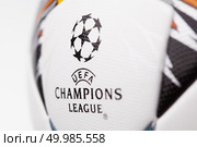 Kiev, Ukraine - February 22, 2018: the official Uefa ball of the champion league cup, which will be held on May 26, 2018 in Kiev, for the first time in the history of Ukraine, at the National Sports Complex "Olympic", close up. Kiev, Ukraine - February 22, 2018: The official ball of the Champions League Final , which will be held in Kiev, Редакционное фото, агентство Ingram Publishing / Фотобанк Лори