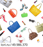 seamless pattern of collection women’s accessories. Handbag, shoes, purse and lipstick. Minimal set of Feminine accessories on white background. Стоковое фото, агентство Ingram Publishing / Фотобанк Лори