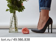 Beautiful female legs in black high-heeled shoes and jeans, a fresh pink rose and a glass vase with branches of green leaves on the floor on a gray background. Creative composites for your ideas. On the floor is one pink rose, a glass vase with green branches near the legs of a girl shod with black shoes on high heels on a gray background. Стоковое фото, агентство Ingram Publishing / Фотобанк Лори