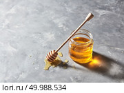 Sweet floral natural honey in a jar and wooden spoon in a puddle of syrup on a gray marble background, copy space. Jewish rosh hashanah holiday concept.. Fragrant organic fresh honey dripping from wooden stick to a glass pot on a gray concrete table. Jewish New Year healthy holiday . Стоковое фото, агентство Ingram Publishing / Фотобанк Лори