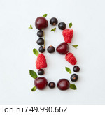 Letter B english alphabet in the form of a pattern of natural organic berries - ripe fresh raspberry, black currant, cherry, green mint leaf isolated on a white background. Flat lay.. Flat lay pattern of letter B english alphabet from natural ripe berries - black currant, cherries, raspberry, mint leaf isolated on a white background. Стоковое фото, агентство Ingram Publishing / Фотобанк Лори