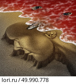 Concept of red tide beach human health hazard warning as hazardous natural toxin in the ocean or sea as a concept for deadly natural toxic algae in a 3D illustration style. Стоковое фото, агентство Ingram Publishing / Фотобанк Лори
