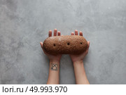 female hands holding brown loaf of bread on a gray stone background. Woman holding tasty fresh bread, Стоковое фото, агентство Ingram Publishing / Фотобанк Лори