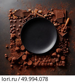frame of different chocolates and cocoa powder with black plate for the text on a dark background. frame of chocolates with plate. Стоковое фото, агентство Ingram Publishing / Фотобанк Лори