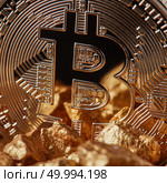 Marco shot of golden Bitcoin Coin and mound of gold. Bitcoin as desirable as digital gold concept or Concept of financing Bitcoin cryptocurrency in Noble metal. Closeup of golden Bitcoin Coin and mound of gold. Bitcoin cryptocurrency. Стоковое фото, агентство Ingram Publishing / Фотобанк Лори