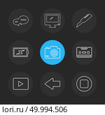 message , monitor , cutter , battery , click , casette , play ,youtube , left ,arrow , stop , icon, vector, design,  flat,  collection, style, creative,  icons. Стоковая иллюстрация, агентство Ingram Publishing / Фотобанк Лори