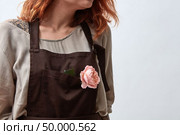 Red-haired woman florist in a brown apron with a fresh pink rose in a pocket on a gray background with space for text. Layout for your ideas. Young girl florist with pink rose in a pocket on a gray background with copy space. Стоковое фото, агентство Ingram Publishing / Фотобанк Лори