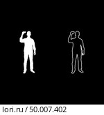 Man shows card in his hand Business card in hand businessman silhouette icon set white color vector illustration flat style simple image. Стоковая иллюстрация, агентство Ingram Publishing / Фотобанк Лори