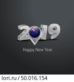 Happy New Year 2019 Grey Typography with New Zealand Flag Location Pin. Country Flag  Design. Стоковая иллюстрация, агентство Ingram Publishing / Фотобанк Лори
