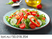 Healthy vegetarian vegetable salad of fresh lettuce, cucumber, sweet pepper and tomatoes. Vegan plant-based food. Стоковое фото, агентство Ingram Publishing / Фотобанк Лори