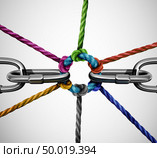 Connect partnership concept as diverse ropes connected together linking a broken metal chain as a business or life metaphor for community support or social togetherness with 3D illustration elements. Стоковое фото, агентство Ingram Publishing / Фотобанк Лори
