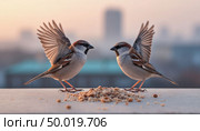 Two city sparrows fight over a crumb of bread, morning fog. Стоковое AI-изображение, AI-художник Анна Никонорова / Фотобанк Лори