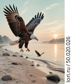 An eagle teaches its eaglet to fly at dawn. Стоковое AI-изображение, AI-художник Анна Никонорова / Фотобанк Лори