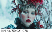 A woman adorned with an intricate, wintry headpiece and makeup stands amidst a blanket of snow, her gaze piercing and ethereal. Стоковое AI-изображение, AI-художник Данила Большаков / Фотобанк Лори