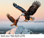 An eagle teaches an eaglet to fly, white cliffs and a gentle dawn. Photorealistic surrealism. Стоковое AI-изображение, AI-художник Анна Никонорова / Фотобанк Лори