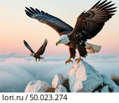 An eagle teaches an eaglet to fly, white cliffs and a gentle dawn. Photorealistic surrealism. Стоковое AI-изображение, AI-художник Анна Никонорова / Фотобанк Лори