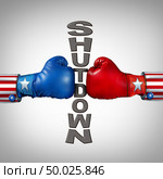 Republican Democrat shutdown political fight  as a USA government shut down and United States closed or American federal debate due to spending bill between the left and the right with 3D illustration elements. Стоковое фото, агентство Ingram Publishing / Фотобанк Лори