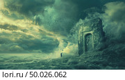 A solitary silhouette faces a giant, lone door amidst a dreamlike sea and sky, as birds flock in the tumultuous clouds above. Стоковое AI-изображение, AI-художник Данила Большаков / Фотобанк Лори