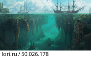 Sunken ships rest in a tranquil underwater canyon alongside ancient, overgrown ruins, bathed in ethereal sunlight. Стоковое AI-изображение, AI-художник Данила Большаков / Фотобанк Лори