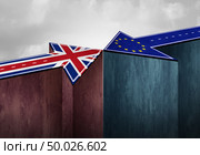 Britain brexit challenge or British exit  problem as a UK political crisis with the European Union agreement as a crushing defeat of a Europe deal face off stress and trade negotiation concerns 3D illustration. Стоковое фото, агентство Ingram Publishing / Фотобанк Лори