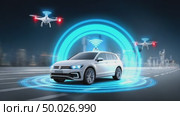 Autonomous car driving assisted by drones in a smart city. Стоковое AI-видео, аниматор Юрий Поздников / Фотобанк Лори
