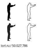 Man in the hood with gun Concept danger outstretched arms icon set grey black color vector illustration outline flat style simple image. Стоковая иллюстрация, агентство Ingram Publishing / Фотобанк Лори