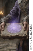 Sorcerer holding a magic book with glowing arcane symbol. Стоковое AI-видео, аниматор Юрий Поздников / Фотобанк Лори