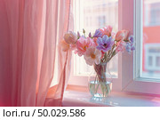 Pastel Floral Arrangement in Vase by Sunlit Window for Modern 90s Decor. Стоковое AI-изображение, AI-художник Александра Конопля / Фотобанк Лори