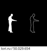 Repairman master man in overalls with tool in his hands hand saw icon set white color illustration flat outline style simple image. Стоковая иллюстрация, агентство Ingram Publishing / Фотобанк Лори