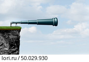 Search concept with a businessman on a cliff searching using a telescope as a corporate symbol for career future or analyzing the environment or spying on competitors with 3D illustration elements. Стоковое фото, агентство Ingram Publishing / Фотобанк Лори