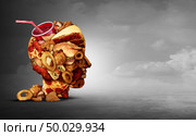 Junk food concept and eating unhealthy snacks psychology and fast food diet psychology as greasy fried restaurant take out as a symbol of overeating and temptation as unhealthy nutrition with 3D illustration elements. Стоковое фото, агентство Ingram Publishing / Фотобанк Лори